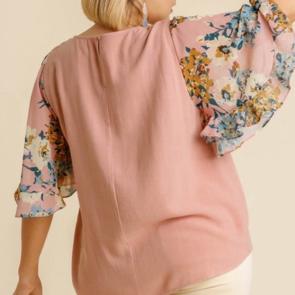Umgee Floral Rose Mix Print Ruffle Short Sleeve Linen Blouse. NWT! Sz 1X - Picture 5 of 11